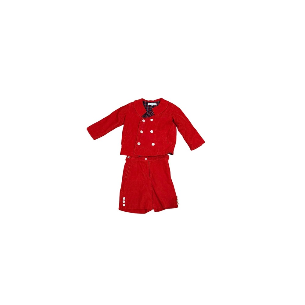 Vtg Elephantito Toddler Red Corduroy Double Breasted Jacket and Shorts Set 18M